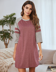 فساتين ملابس نسائية أوروبية وأمريكية شعبية لفصلي الربيع والصيف مع خطوط ملونة متباينة ورقبة مستديرة للارتداء المنزلي والبيجامات