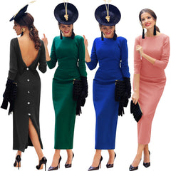 European and American spring simple halter V-neck split retro elegant evening dress with contrasting buttons slim dress Hot Sale spot goods Fashion