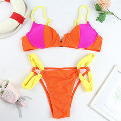 Explosive Ladies Swimsuit Bikini Solid Color Stitching Ribbon Bikini Swimsuit Split Swimsuit Women