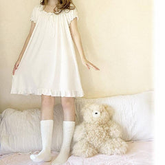Nightgowns Women Cotton Short Sleeve Sexy Knee length Solid Kawaii Ruffles Bow Sleepwear Lolita Style Nightdress