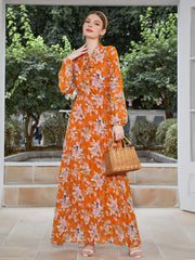 فستان شيفون جديد بخصر مطوي وتنورة عربية طويلة