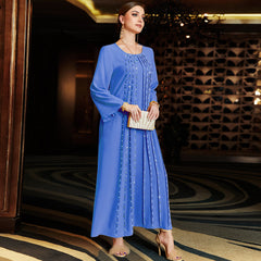 Spring and summer new Middle Eastern Arab ladies large size handmade beaded dress loose and comfortable beaded blue round neck long-sleeved tempe