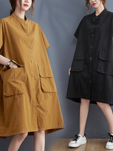 Large size solid color dress literary retro fat MM small stand collar button pocket casual skirt