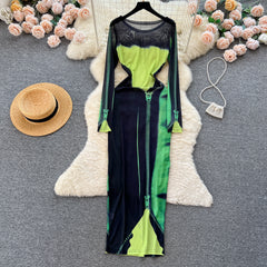 European and American hot girl style printed dress women's summer tulle long-sleeved design sense niche unique tight-fitting desire long skirt