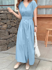 ZANZEA فساتين أنيقة للنساء سادة رقبة على شكل حرف v وأكمام قصيرة وتصميم مطوي فستان طويل موضة العطلات كاجوال فضفاض للسيدات فيستدو مقاس كبير