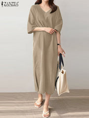 ZANZEA Fashion Summer V Neck Half Sleeve Dress Women Elegant Solid Midi Sundress Casual Loose Split Hem Party Vestido Robe Femme