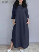 Stylish Split Dresses For Women ZANZEA Causal Solid 3/4 Sleeve Baggy Vestidos Maxi Long Dress Elegant Robe Holiday Sundress