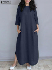 Stylish Split Dresses For Women ZANZEA Causal Solid 3/4 Sleeve Baggy Vestidos Maxi Long Dress Elegant Robe Holiday Sundress