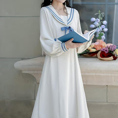 فستان نسائي بأكمام طويلة لعام 2023 وياقة بحاري ونمط تحضيري ربيعي لطيف على الموضة الكورية بفيونكة عالية الخصر للطالبات 4*25