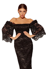 Lace temperament commuter skirt black mid-waist solid color one-shoulder mid-length dress