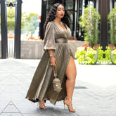 Fashion European and American women's evening dress fashion V-neck high waist bronzing dress long sleeve split long skirt banquet temperament dress Hot Sale spot goods