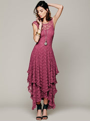 المرأة بوهو الناس مثير فستان طويل طبقات مزدوجة كشكش التشذيب منخفض ظهر V دانتيل بدون أكمام الصيف بوهيمي