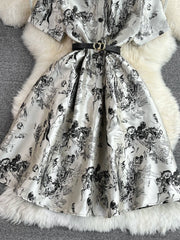 الراقية الرجعية قصيرة الأكمام طية صدر السترة الخصر التخسيس الرسم بالحبر المطبوع فستان الأورجانزا الصيف