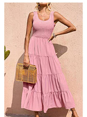 فستان بوهو صيفي موضة بلون واحد بدون أكمام لحفلات الشاطئ فستان ماكسي غير رسمي أنيق فضفاض فستان ماكسي رداء نسائي جديد