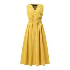 ZANZEA Women Elegant Dresses Solid V-Neck Sleeveless Elastic Waist Ankle Length Dress Fashion Holiday Casual Loose Ladies Vestido Plus Size