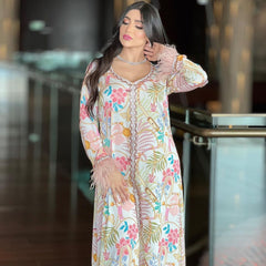 Middle East Fashion Print Dress Arabian Hot Diamonds Traditional Muslim Ladies Jalabiya Feather Decorated Elegant Long Dress Dubai Kuwait