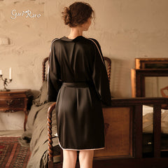 Guiruo spring and summer new female s exy open-fronted silk stitching mesh side slit nightgown home service