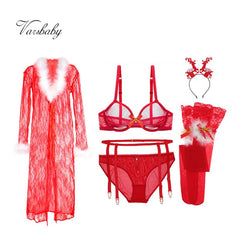 Varsbaby Christmas Big Red 6 Pcs Bras+Panties+Garters+Stockings+Antler Headband+Nightgown Bra And Panty Set