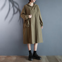 Plus size women's 2023 autumn and winter new hooded simple pullover solid color pockets big dress