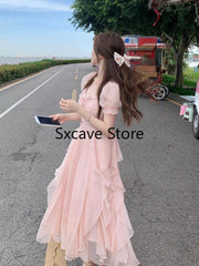French Chiffon Midi Women's Short Sleeve Casual Bohemian Beach Tank Top Women's Pink Elegant Korean Dress 2023 Summer Fashion