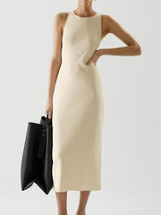 Slim Knitted Long Dress Women Minimalist Elegant Office Ladies Sleeveless O-neck Casual Tank Dress Summer Bodycon Dresses