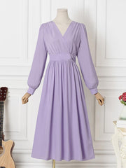 ZANZEA Women Elegant Mid-calf Solid Dress Spring Autumn V Neck Long Sleeve A-line High Waist Elegant Vestidos Korean Style