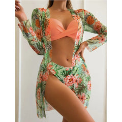 Three-piece swimsuit green leaf print new bikini