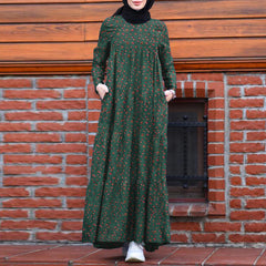 ZANZEA Women's Muslim Arabian Floral Printed Dress Simple Temperament Round Neck Long Sleeve Back Side Pockets Casual Dress Large Size Without Headscarf