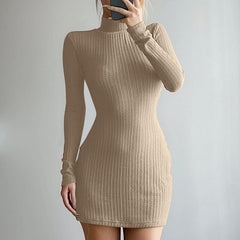 Fashion knit long sleeves high neck sexy Bodycon mini dress fall/winter women elegant clothing streetwear party Y2K green