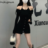 فستان نسائي مثير أنيق مزيف برداء أسود 2023 من فيستدوس بخصر نحيف فساتين قصيرة ضيقة ملابس y2k