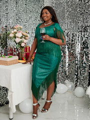 Women Green Tassel Dress Fringe Sequined Shiny Glitter Party Summer Prom Midi Bodycon Sexy Tunics Evening Birthday Robes Vintage