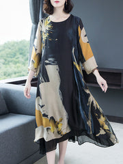 blue long-style printing Thin temperament middle age Large size Easy New trend Summer