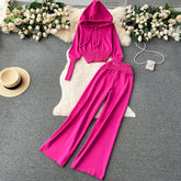 Autumn and winter European and American style minimalist solid color hooded top + waisted trousers casual two-piece set