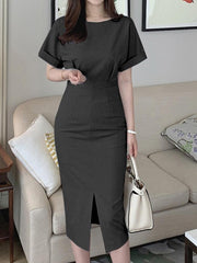 VONDA Summer Dress Women Short Sleeve Casual Solid Color Elegant Midi Sundress O Neck Loose Zipper Split Party Vestidos