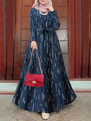 ZANZEA Women Muslim Thin Dresses Abaya Kaftan Stripe Print O-Neck Long Sleeve Vintage Long Thin Dress Fashion Holiday Casual Ladies Vestido