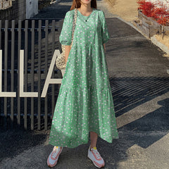 ZANZEA ladies Japanese and Korean literary style floral skirt temperament printing style lady long skirt round neck bubble half sleeve and ankle skirt fashion trend elegant loose spring and autumn daily leisure holiday style dress large size