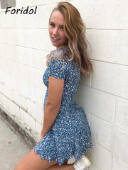 فستان شاطئ صيفي أزرق مطبوع عليه زهور فستان نسائي غير رسمي للعطلات بأكمام قصيرة فستان صيفي بوهو ملابس عصرية