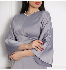 2022 New Middle East Fashion Women Modest Dress Satin Shiny Texture Long Belt Lace Up Commuter Dress Elegant