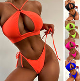 The new solid color hollow split swimsuit sexy bikini women