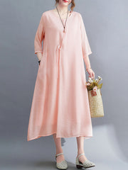 Women's literary retro elegant cotton linen cool round neck three-quarter sleeve Zen robe dress female