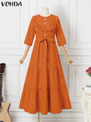 VONDA Elegant Dresses For Women 2022 Polka Dot O Neck Long Sleeve Spliced Ruffles Pleated A-Line Vestidos Bohemian Party Casual Plus Size Long Dress