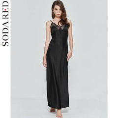 Sexy Women Nightgown Long Night Dress Artificial Silk Stain Deep V Sleepwear Female Dressing Gown Nightie Nightwear