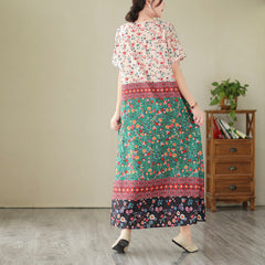 Summer cotton and linen women's national style color contrast stitching V-neck robe loose large size women's short-sleeved dress female