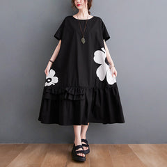 Large size women's clothing 2022 summer new black mid-length cotton printed dress niche large long skirt
