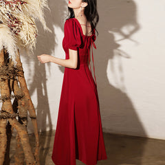 Ladies V-neck short-sleeved mid-length split fashion banquet dress party holiday dress.