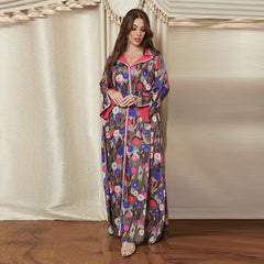 Summer Arabian Dubai Printed Dress Muslim Dress Soft Satin Stitching Bright Fashion Jalabia Robe