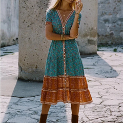 الربيع الصيف بوهو حزام الأزهار طباعة فستان طويل عالية الخصر الخامس الرقبة واحدة الصدر عطلة ميدي فستان امرأة