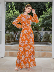 فستان شيفون جديد بخصر مطوي وتنورة عربية طويلة