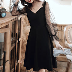 Ladies V-neck Short Long Sleeve Simple Party Dress Fashion Banquet Evening Dress