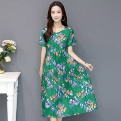 فستان بوهو نسائي مقاس كبير فستان طويل طويل للحفلات فستان صيفي أنيق مطبوع برقبة دائرية وخصر عالي وأكمام قصيرة